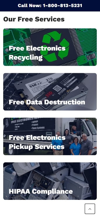 A webpage screenshot showcasing "Our Free Services" section with four blocks: Free Electronics Recycling, Free Data Destruction, Free Electronics Pickup Services, and HIPAA Compliance. Each block includes a relevant image and description. Designed by Millworks Web Design & Graphics, contact number at the top.