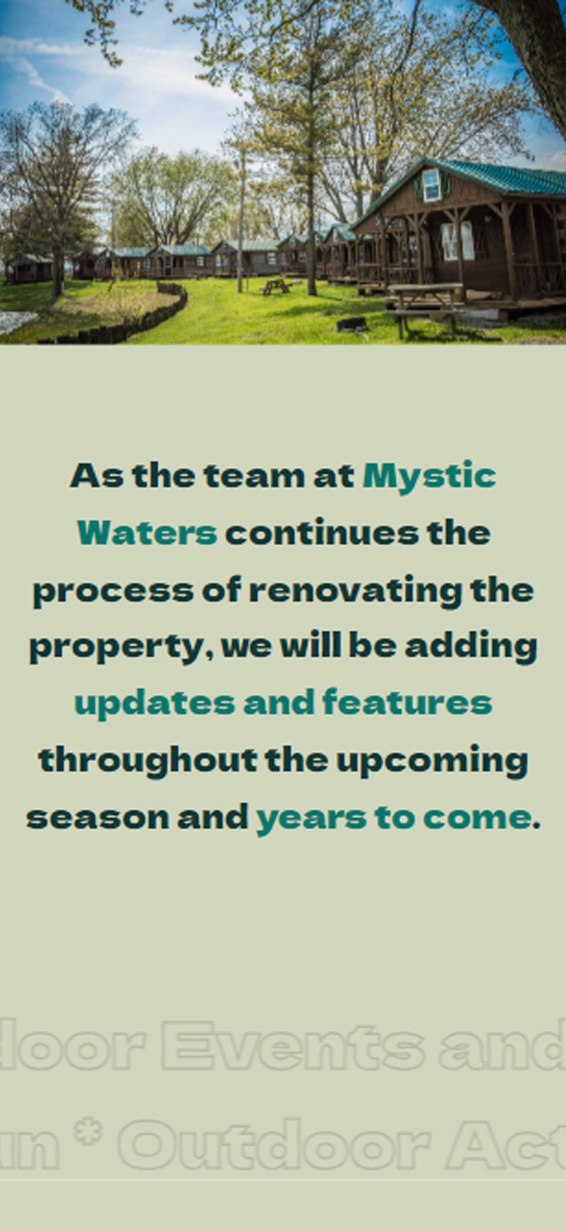 An announcement from Mystic Waters reads, "As the team at Mystic Waters continues the process of renovating the property, we will be adding updates and features throughout the upcoming season and years to come." The background shows a scenic park with trees and buildings, all part of our new web design initiative.