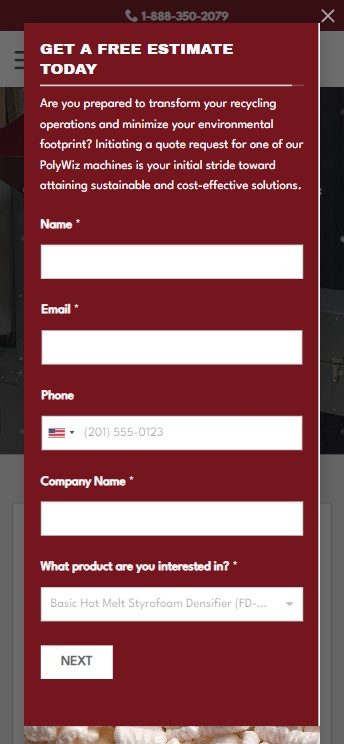 A contact form for obtaining a free estimate from a recycling company. The fields include name, email, phone number, company name, and a dropdown menu to select a product. A header with promotional text encourages users to get their free estimate today. Need help? Visit Millworks Web Design & Graphics for expert assistance.