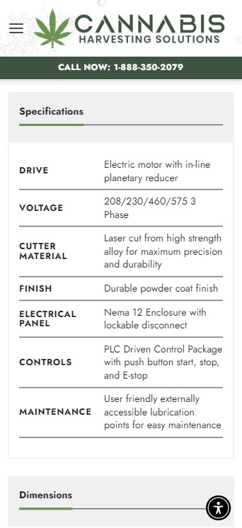 An informational flyer for Cannabis Harvesting Solutions, featuring their specifications: electric motor drive, voltage options (208/230/460/575 3 Phase), laser-cut high-strength cutter material, durable powder coat finish, a lockable electrical panel, controls with user-friendly interface, and easy maintenance. Designed by Millworks Web Design & Graphics.