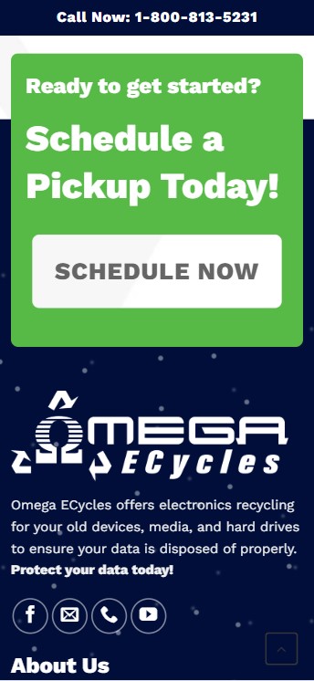 Screenshot of a webpage for Omega ECycles, an electronics recycling service designed by Millworks Web Design & Graphics. The page features a green call-to-action section saying "Schedule a Pickup Today!" and a contact number at the top. The company logo and a brief description of their services are displayed below.