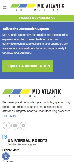 A mobile webpage for "Mid Atlantic Automation," designed by Millworks Web Design & Graphics, features a green "Request a Consultation" button near the top. Text describes their expertise in robotic automation solutions. At the bottom, there's a logo for "Universal Robots" indicating certification as a system integrator.