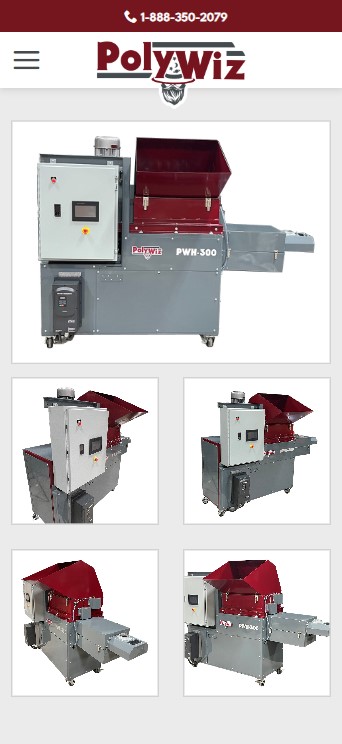 The image displays a PolyWiz PWH-300 machine from different angles in a collage, much like a custom website designed by Millworks Web Design & Graphics. The banner at the top includes "PolyWiz" and a contact number. The main image shows the machine's full view, with smaller images highlighting its various features.