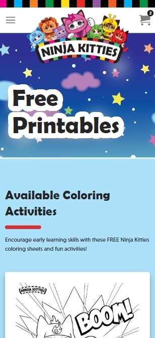 Screenshot of a custom website for "Ninja Kitties" with colorful characters, expertly crafted by Millworks Web Design & Graphics. The page banner reads, "Free Printables." Below, a section titled "Available Coloring Activities" invites users to access free coloring sheets. A black-and-white comic image of a cat saying "BOOM!" is also shown.