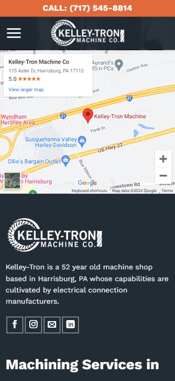 A smartphone screen displays Kelley-Tron Machine Co.'s custom website, featuring contact information, a map with a marked location, and a brief company description. The map highlights nearby places like Ollie's Bargain Outlet and Susquehanna Valley Harley-Davidson.