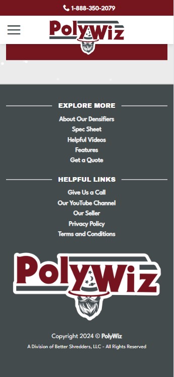 Screenshot of the beautifully crafted PolyWiz website. The sleek web design features a navigation menu with options like "About Our Densifiers," "Spec Sheet," "Helpful Videos," "Features," and "Get a Quote." The footer contains contact information, a copyright notice for 2024, and a phone number for inquiries.