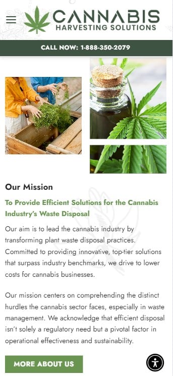 A mobile webpage for "Cannabis Harvesting Solutions" featuring their mission statement about providing efficient waste disposal solutions for the cannabis industry. Includes an image of cannabis leaves and a worker handling plant material. The website showcases custom website design, with contact information visible.