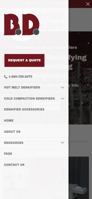 Screenshot of Better Densifiers website, crafted by Millworks Web Design & Graphics, displays a menu/sidebar with options such as Request a Quote, Hot Melt Densifiers, Cold Compaction Densifiers, and Densifier Accessories. Home, About Us, Resources, FAQs, Contact Us links are also visible alongside a phone number.