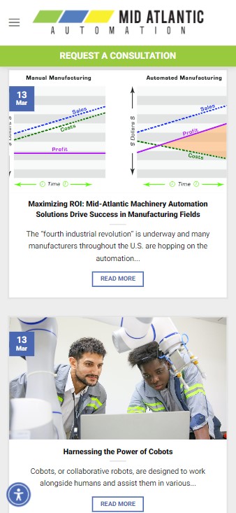 An infographic from Mid Atlantic Automation, designed by Millworks Web Design & Graphics, shows graphs comparing manual and automated manufacturing, with the automated process yielding higher profits over time. Below, two images highlight topics: maximizing ROI in machinery automation and utilizing cobots in manufacturing.