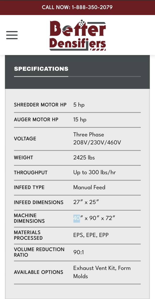 An image showing the specifications of a shredding machine from Better Densifiers. The machine includes a 5 hp shredder motor, 15 hp auger motor, and reaches a 300 lbs/hr throughput. It is designed for EPS, EPE, and EPP materials—essential for industries focused on graphic design and digital marketing projects.