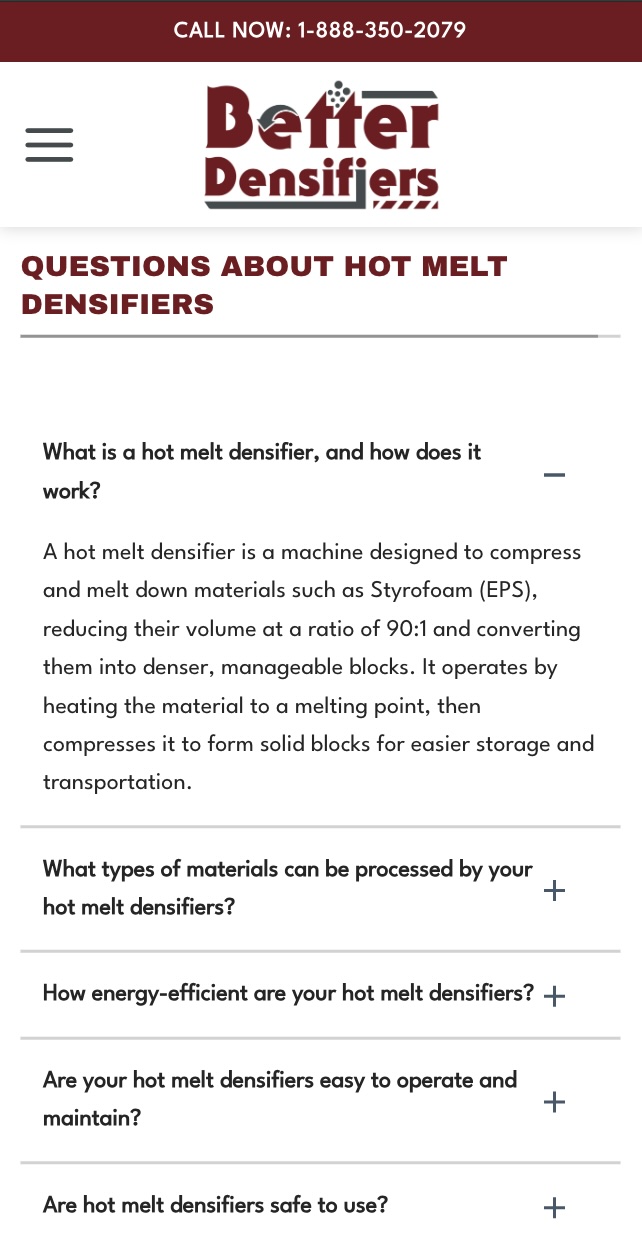 Screenshot of a website section titled "QUESTIONS ABOUT HOT MELT DENSIFIERS" by Millworks Web Design & Graphics. It explains how hot melt densifiers compress and melt materials like Styrofoam into blocks for easier storage and transport. Includes FAQs on materials, energy efficiency, and maintenance. Call 1-888-350-2079.