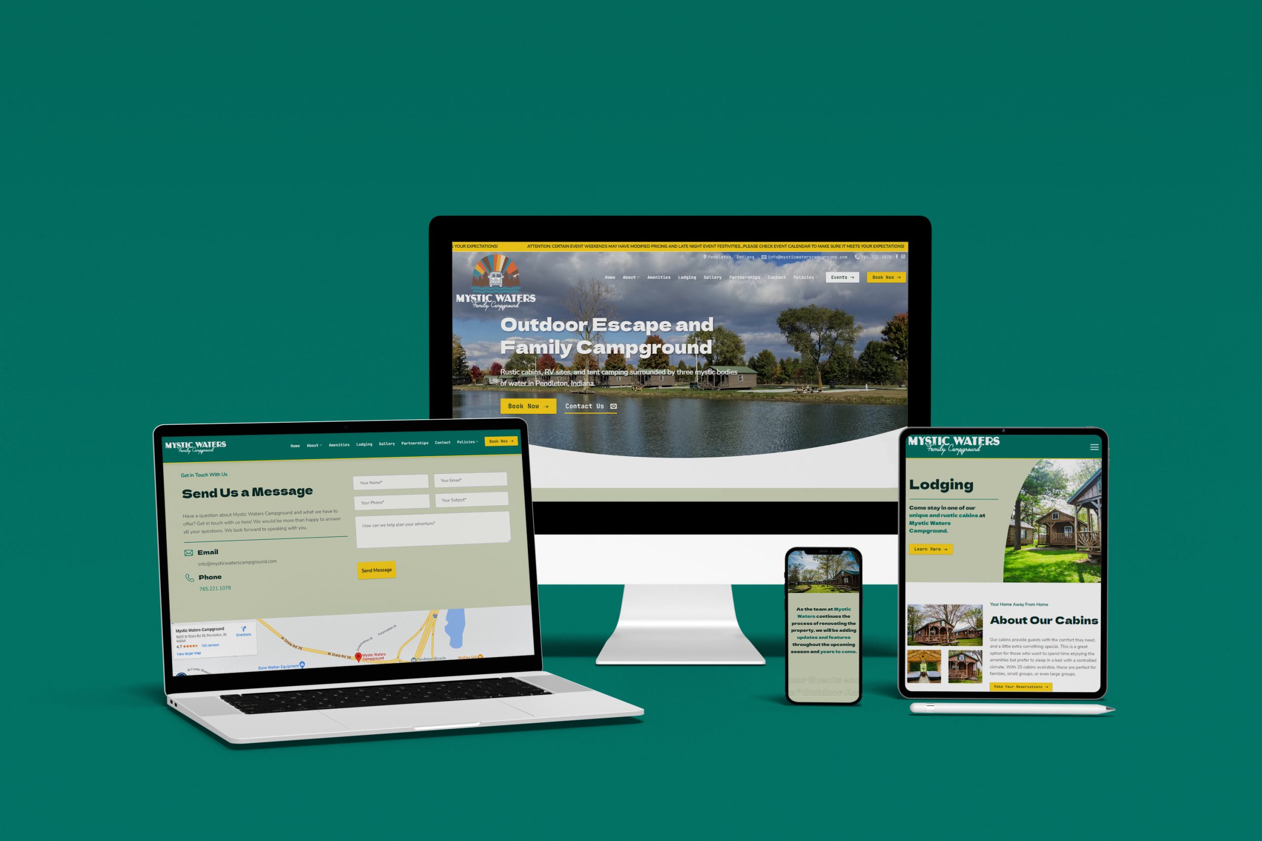 A lineup of devices including a desktop monitor, laptop, smartphone, and tablet displays the custom website for Mystic Waters Family Campground. The site features sections for contacting, lodging, and general information, all set against a green background.