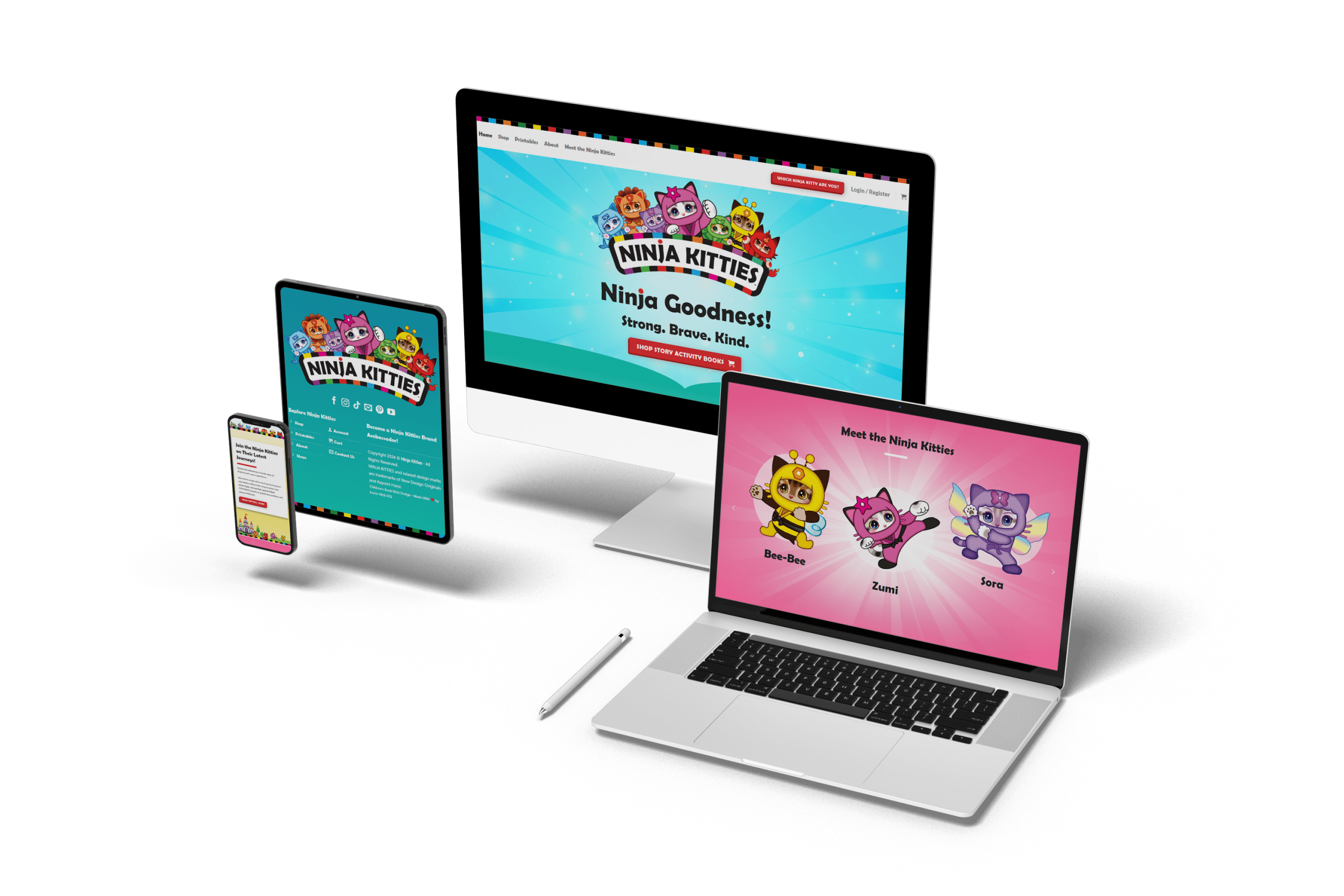 The image shows a mobile phone, tablet, desktop, and laptop, all displaying the "Ninja Kitties" website. The site—crafted by Millworks Web Design & Graphics—features colorful cartoon ninja cat characters with the tagline "Ninja Goodness! Strong. Brave. Kind." on the desktop screen.