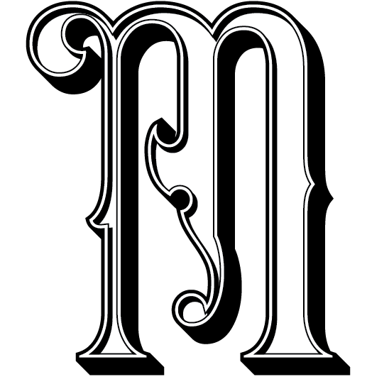 An ornate, stylized capital letter "M" with intricate curves and embellishments, designed in white against a solid black background. The design, perfect for graphic design projects or digital marketing materials, has a vintage, elegant look reminiscent of calligraphy or old-fashioned typefaces.