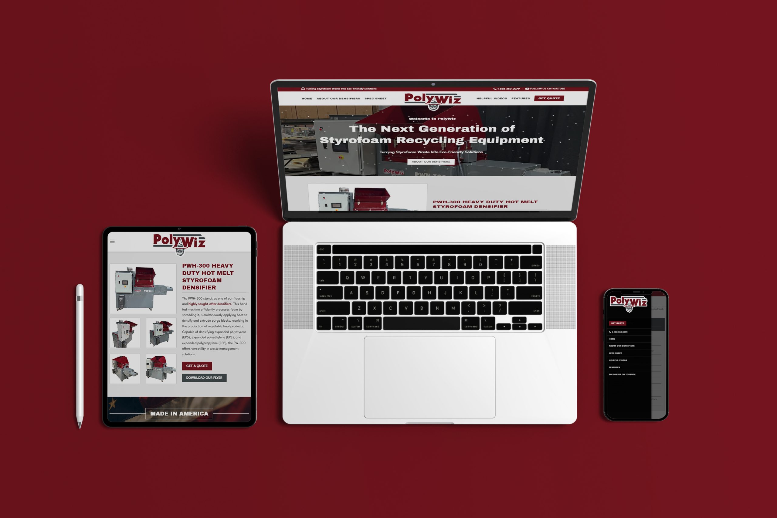 A flat lay of a laptop, tablet with a stylus, and smartphone, all displaying the custom PolyWiz website. Each screen shows different pages about Styrofoam recycling equipment. The background is a solid maroon color, creating a cohesive and professional look ideal for showcasing advanced web design.