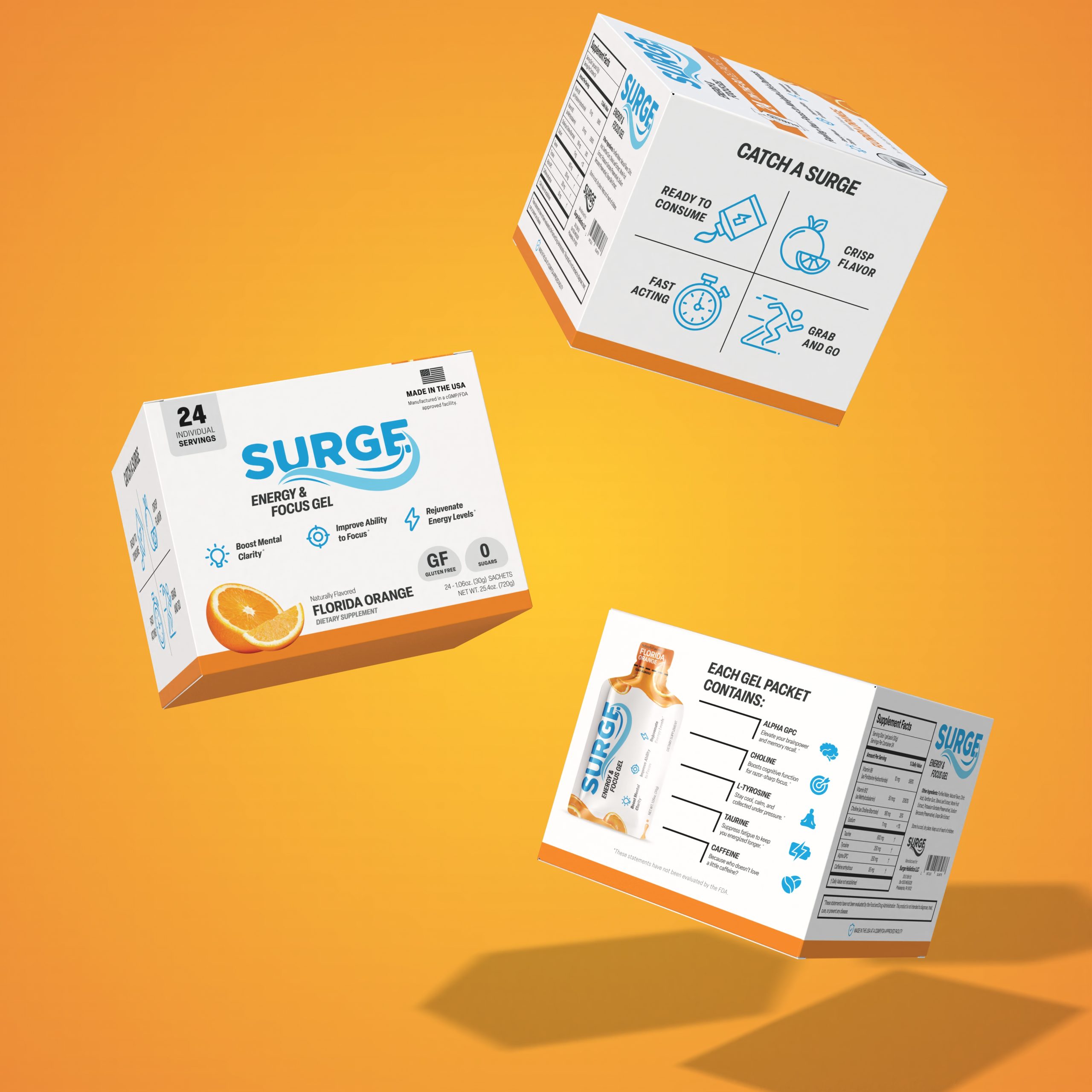 Three floating boxes of Surge Energy Gel against an orange background. The boxes display various features including "Florida Orange" flavor, energy and hydration benefits, and nutritional information. The Surge logo and packet illustrations create a visually striking design akin to custom websites in digital marketing.