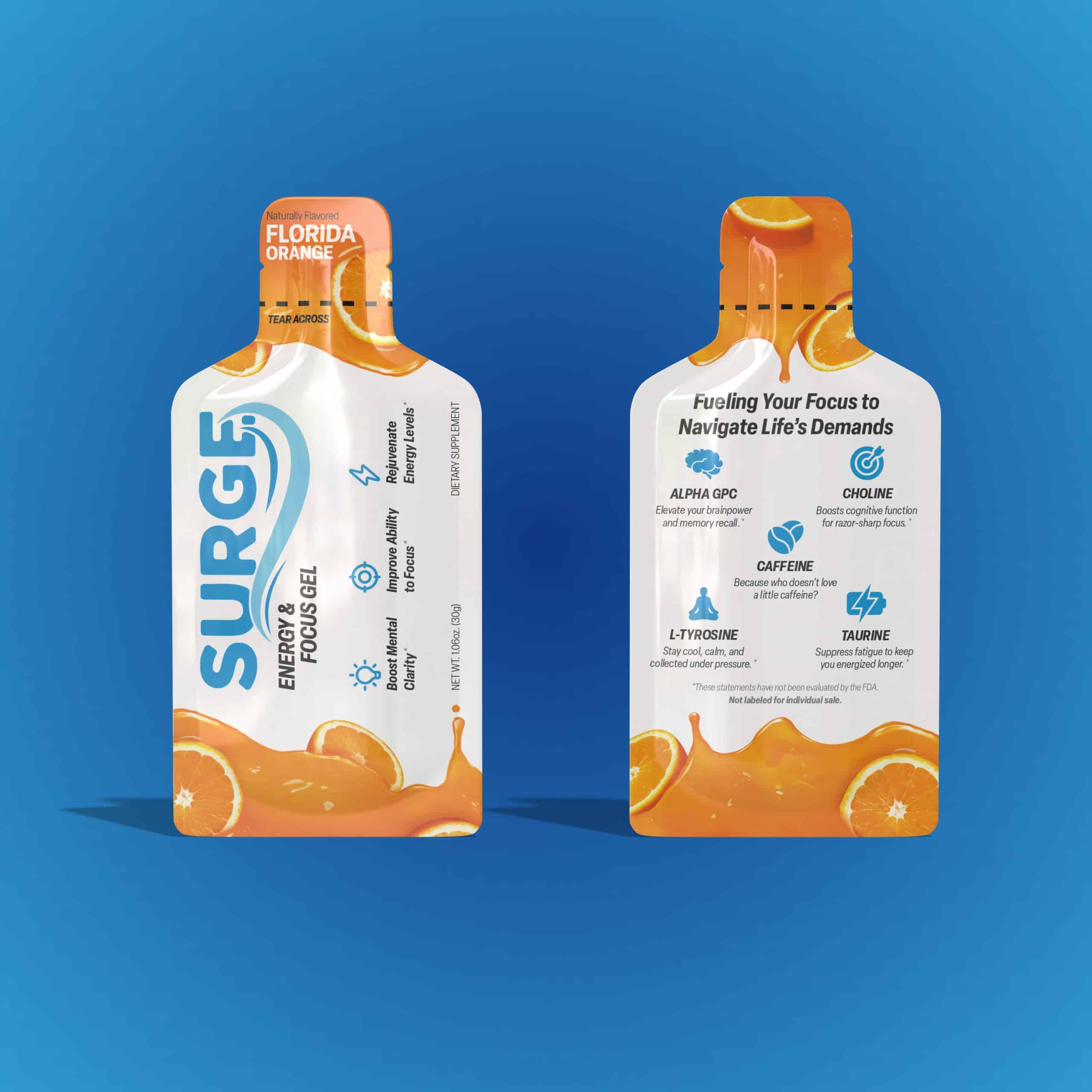 Front and back view of orange-flavored Surge Energy & Focus Gel packets against a blue background. The front shows branding and flavor, while the back highlights ingredients: Alpha GPC, caffeine, choline, L-tyrosine, and taurine with the text "Fueling Your Focus." Design by Millworks Web Design & Graphics.