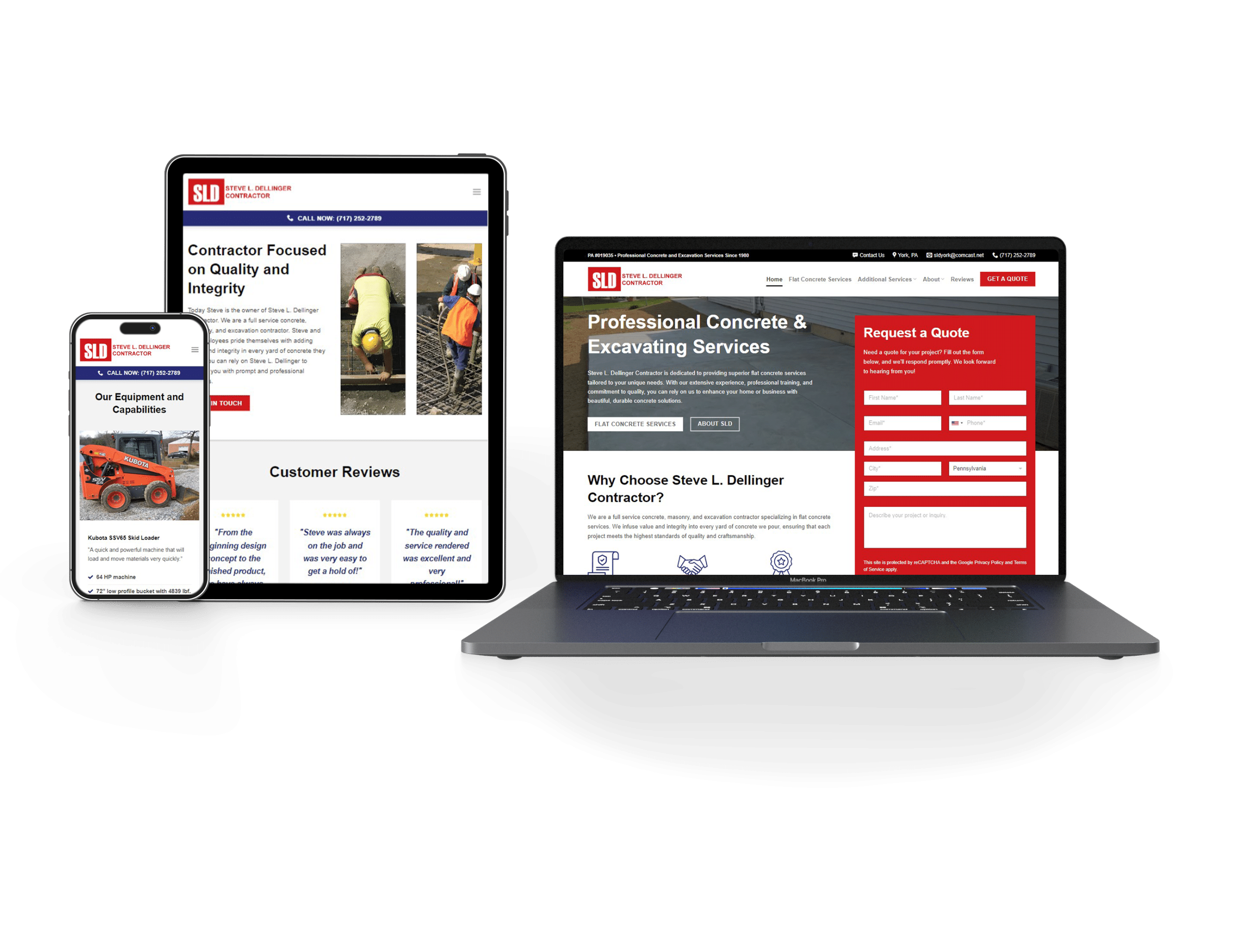 A display showcasing a contractor service website on three devices: a smartphone, tablet, and laptop. The smartphone and tablet highlight sections on equipment, customer reviews, and services. The laptop screen features a 'request a quote' form, demonstrating impeccable web design across all platforms.