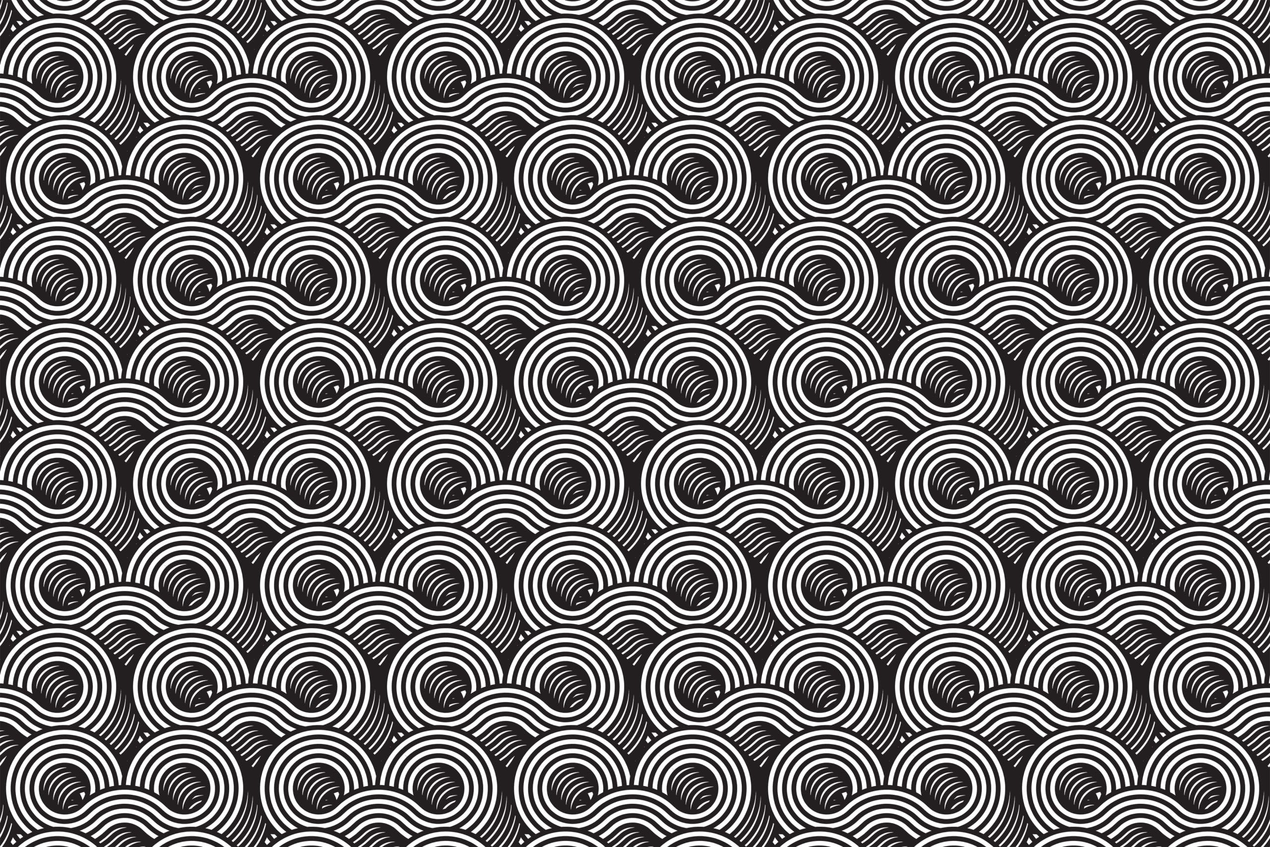 A black-and-white seamless pattern featuring interlocking semi-circular waves. Each wave is composed of several concentric lines creating a hypnotic geometric design reminiscent of traditional Japanese Seigaiha motifs, perfect for incorporating into modern web design projects.