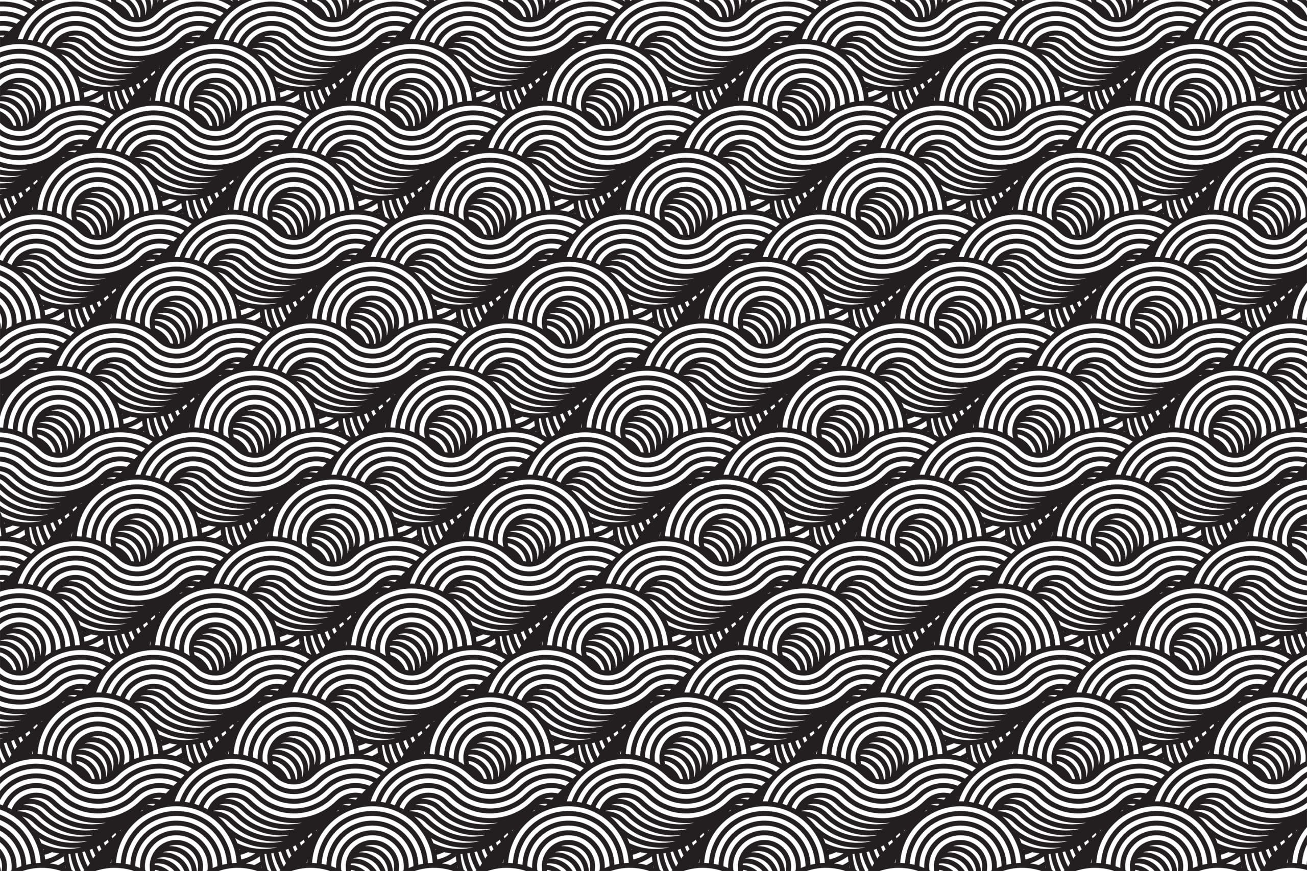 A black and white optical illusion pattern consisting of wavy, layered lines forming a repetitive, undulating design. The lines create a three-dimensional effect, making the surface appear as though it is rippling with waves, showcasing the intricate possibilities of graphic design.