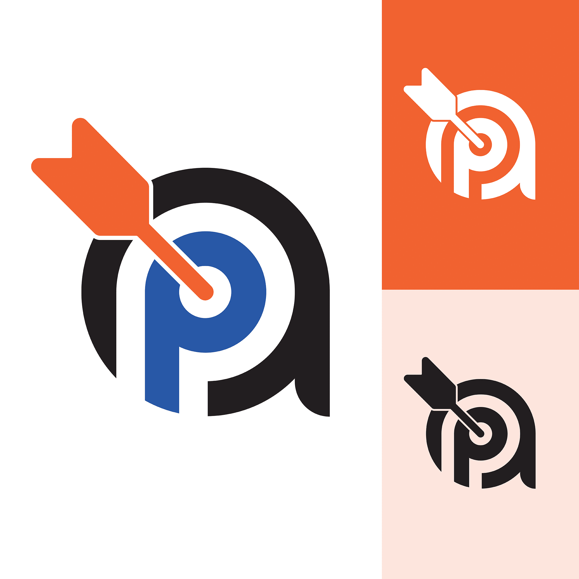 A logo showing a dart hitting the center of a target. The target has two circular layers: an inner blue "P" and an outer black ring. The orange dart is pointing right. Perfect for graphics in your portfolio, the logo is displayed in three color variations: full color, white on orange, and black on peach.