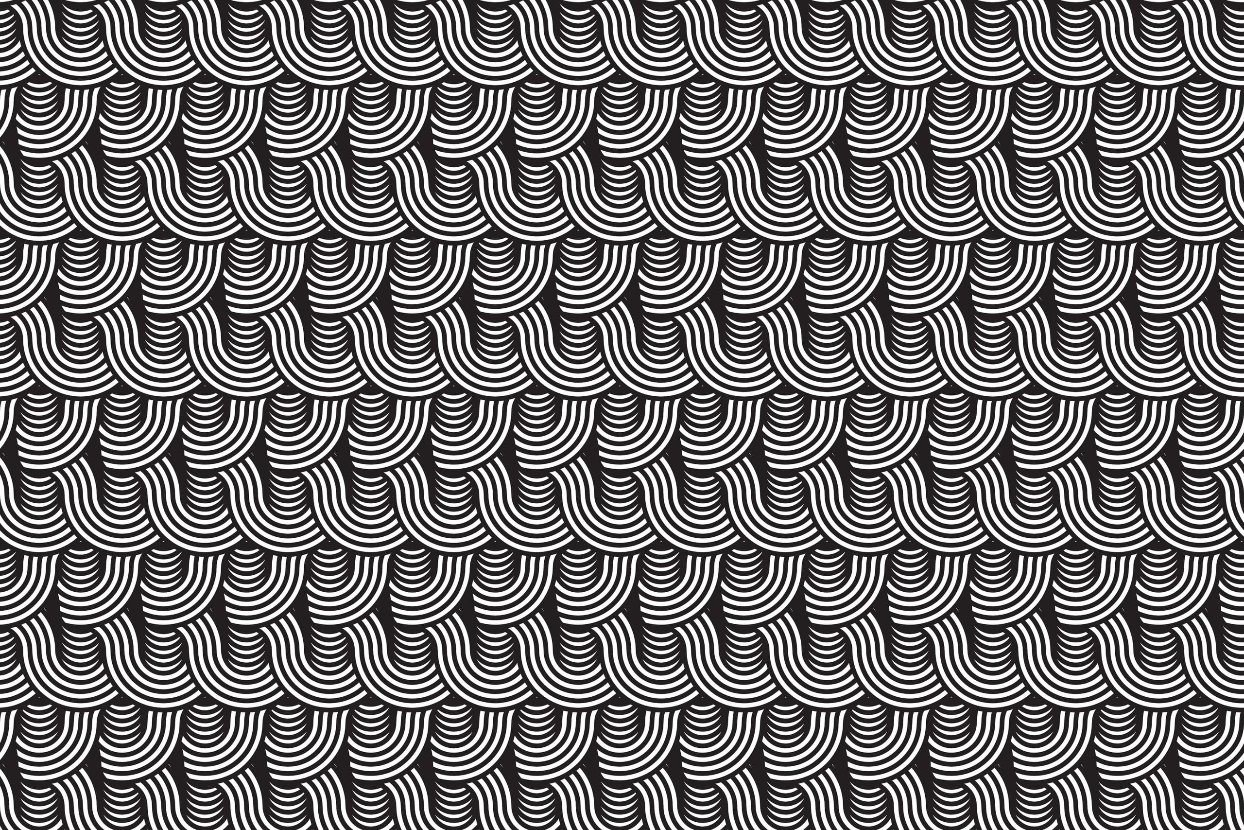 A black and white seamless pattern designed by Millworks Web Design & Graphics features a repetitive arrangement of curved, wave-like lines horizontally across the image. The lines create an optical illusion, giving the pattern a dynamic and three-dimensional appearance.