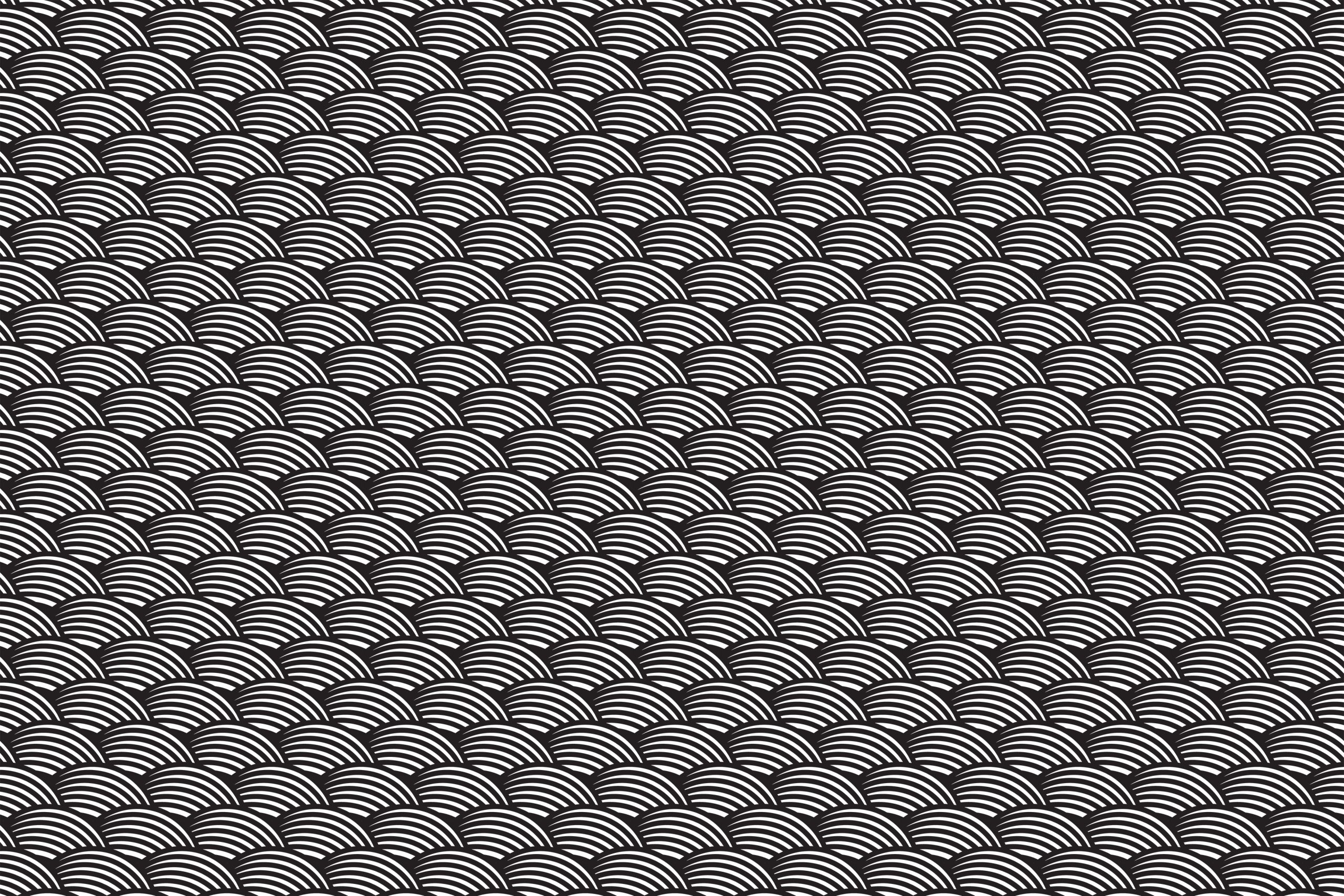 Black and white seamless pattern of overlapping scallop shapes, resembling a traditional Japanese wave design. Perfect for graphic design projects or custom websites, the pattern consists of half circles arranged in a repetitive, interlocking manner, creating a visually hypnotic and symmetric effect.