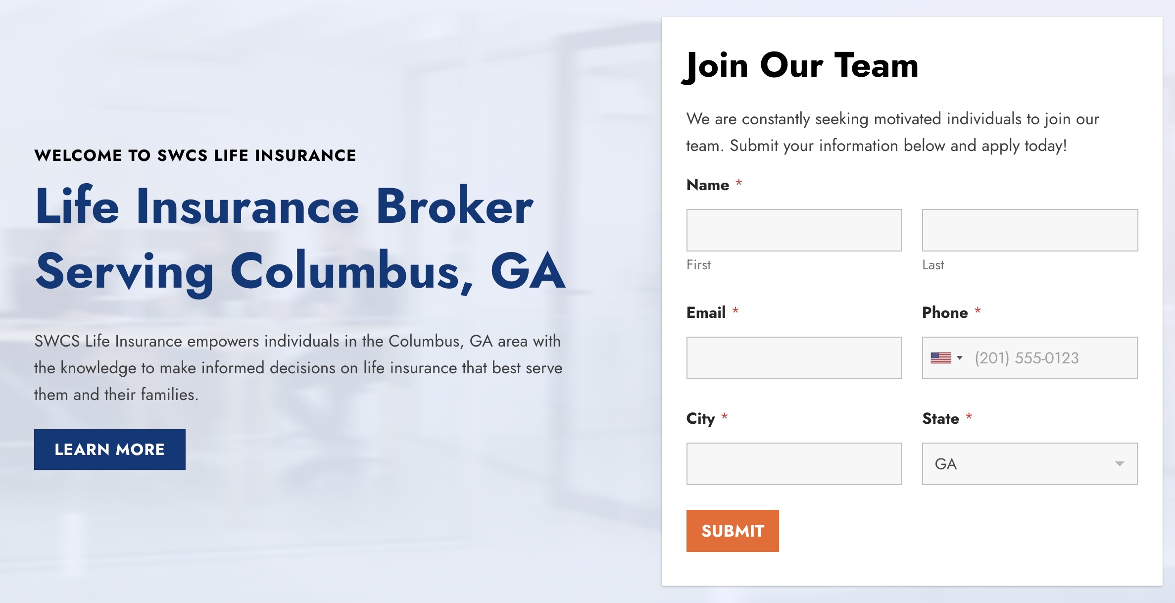 An insurance company website page featuring a "Join Our Team" section with fields for name, email, phone, and state. The page highlights SWCS Life Insurance serving Columbus, GA, and showcases its clean website design. A "Learn More" button is conveniently located on the left.