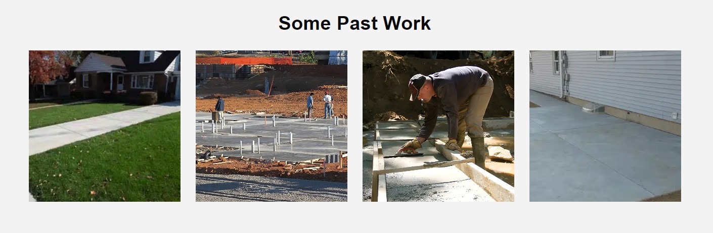 A collage titled "Some Past Work" by contractor Steve L. Dellinger shows, from left to right, a newly paved sidewalk in front of a house, construction of a commercial building's foundation, a worker smoothing concrete, and a newly completed concrete patio beside a house. Perfect for our website refresh!