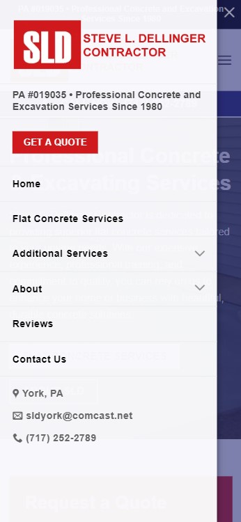 Screenshot of a refreshed mobile website for "Steve L. Dellinger Contractor." The webpage features a navigation menu with options: Home, Flat Concrete Services, Additional Services, About, Reviews, and Contact Us. Contact info includes an email address and phone number.