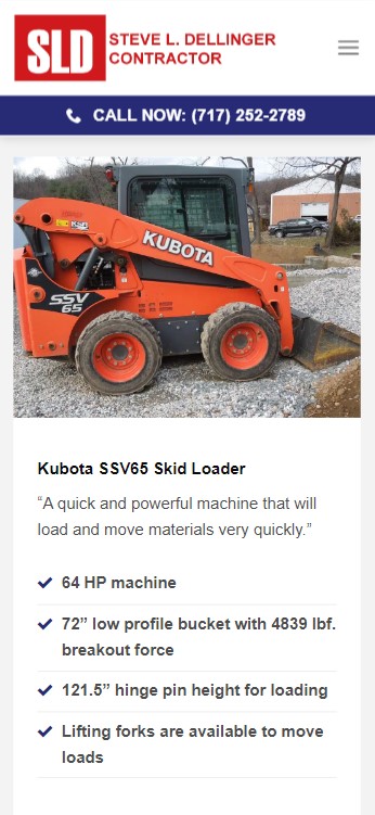 An advertisement for the Kubota SSV65 Skid Loader is shown. The loader, branded with "Kubota," features a 64 HP engine, high breakout force, and lifting forks. Contractor Steve L. Dellinger's contact details are at the top for a quick consultation or visit his website refresh for more information.