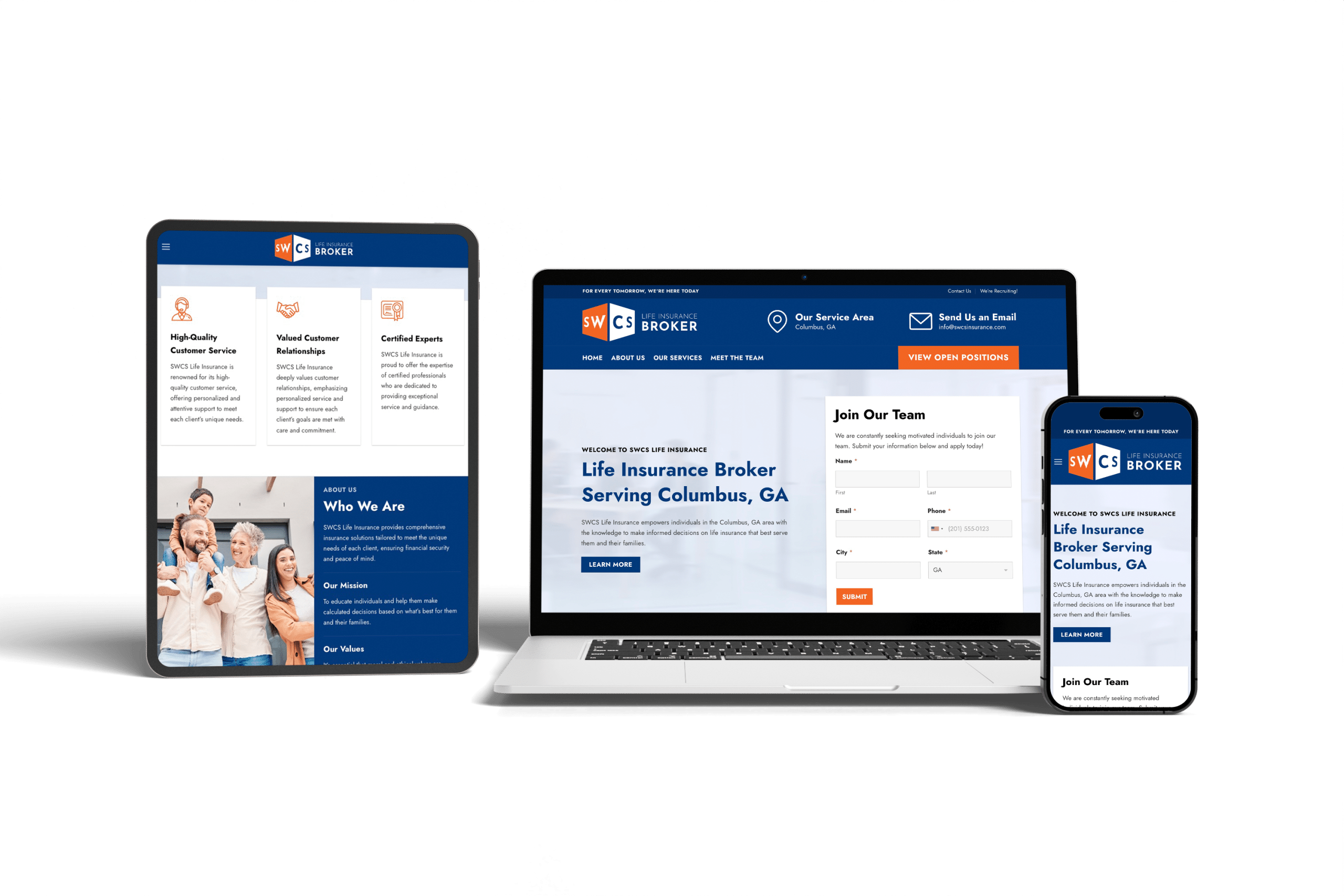 A digital display showcasing a life insurance broker's website across three devices: a tablet, a laptop, and a smartphone. Each screen shows different sections, including team bios, service information, and a form to join the team. The website design is set against a sleek black background.