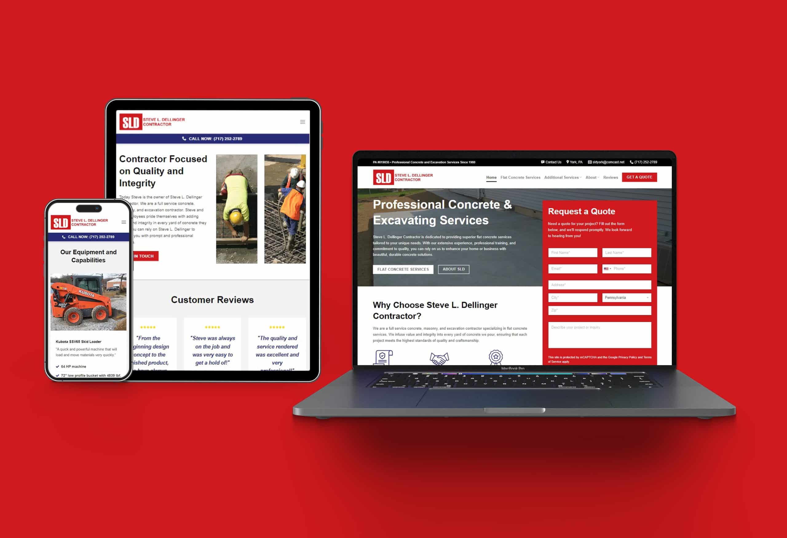 A smartphone, tablet, and laptop display different web pages of SLD contracting services, highlighting the recent website refresh by Steve L. Dellinger. Images of construction work and company information are shown on screens set against a solid red background.