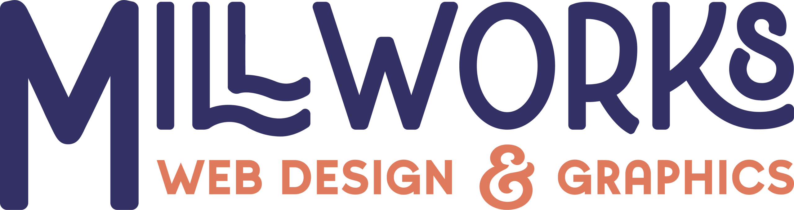 A logo for "Millworks Web Design & Graphics" features the company name in bold, artistic blue lettering. The words "Web Design & Graphics" are written below in orange.