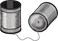 Two tin cans connected by a piece of string, resembling a homemade toy telephone used for simple sound transmission and playful contact.