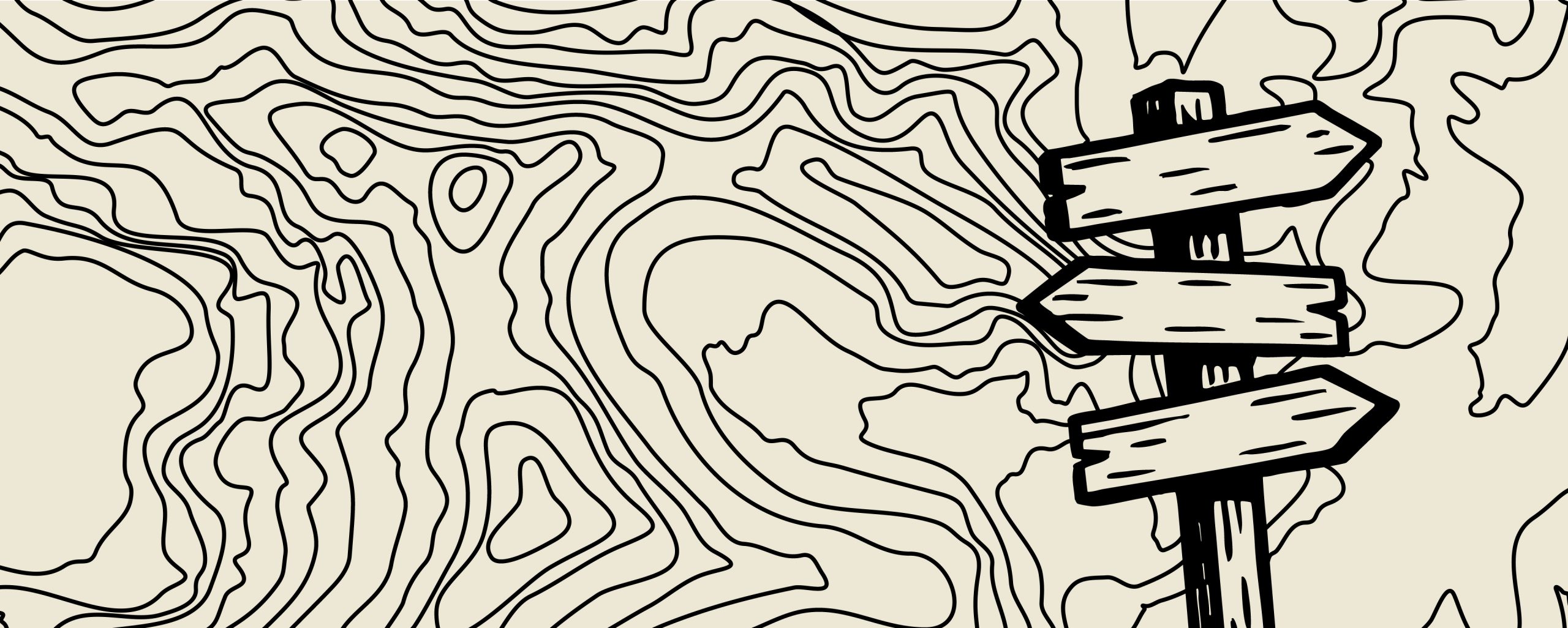 A wooden signpost with three blank directional arrows stands in front of black, wavy contour lines resembling a topographic map—suggesting different paths, perhaps even to a privacy policy.
