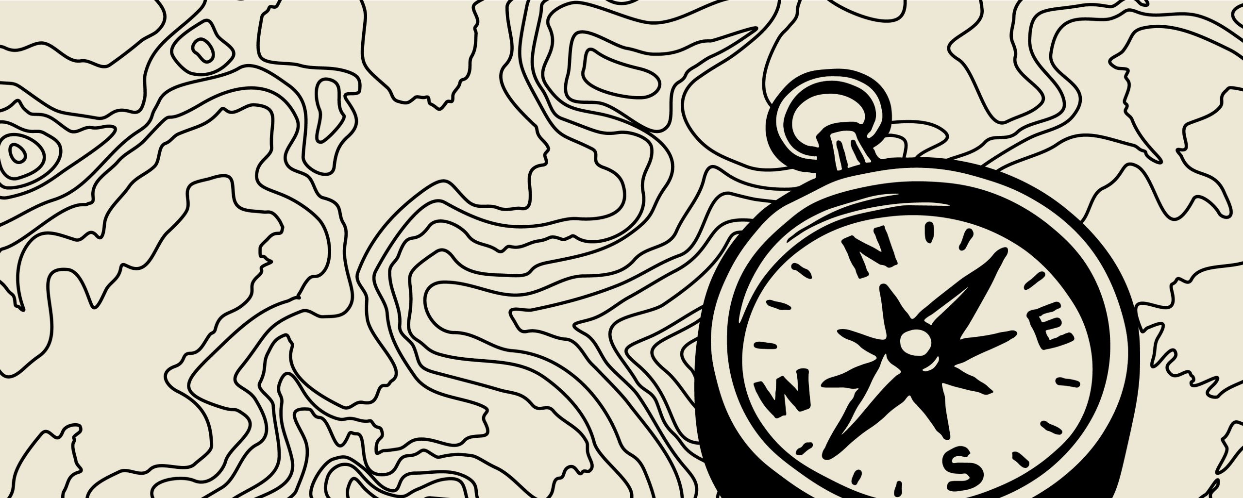 A black and white illustration of a compass with bold letters, overlaid on an abstract topographic site map background with winding contour lines.