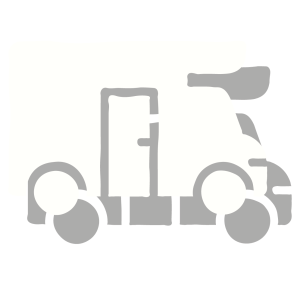 Simple, abstract illustration of a camper van with large wheels, a door in the center, and a cab at the front. The design uses light gray and white on a pale background, giving it an inviting look that suggests easy contact and travel.