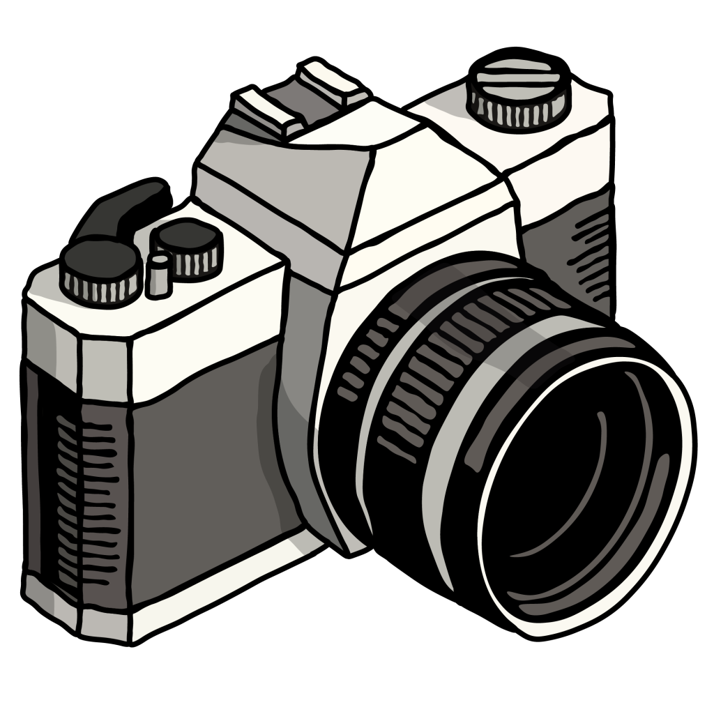 A black and white illustration of a vintage film camera with a large lens, dials, and buttons visible on the top and side—perfect for adding a classic touch to your About Us page.