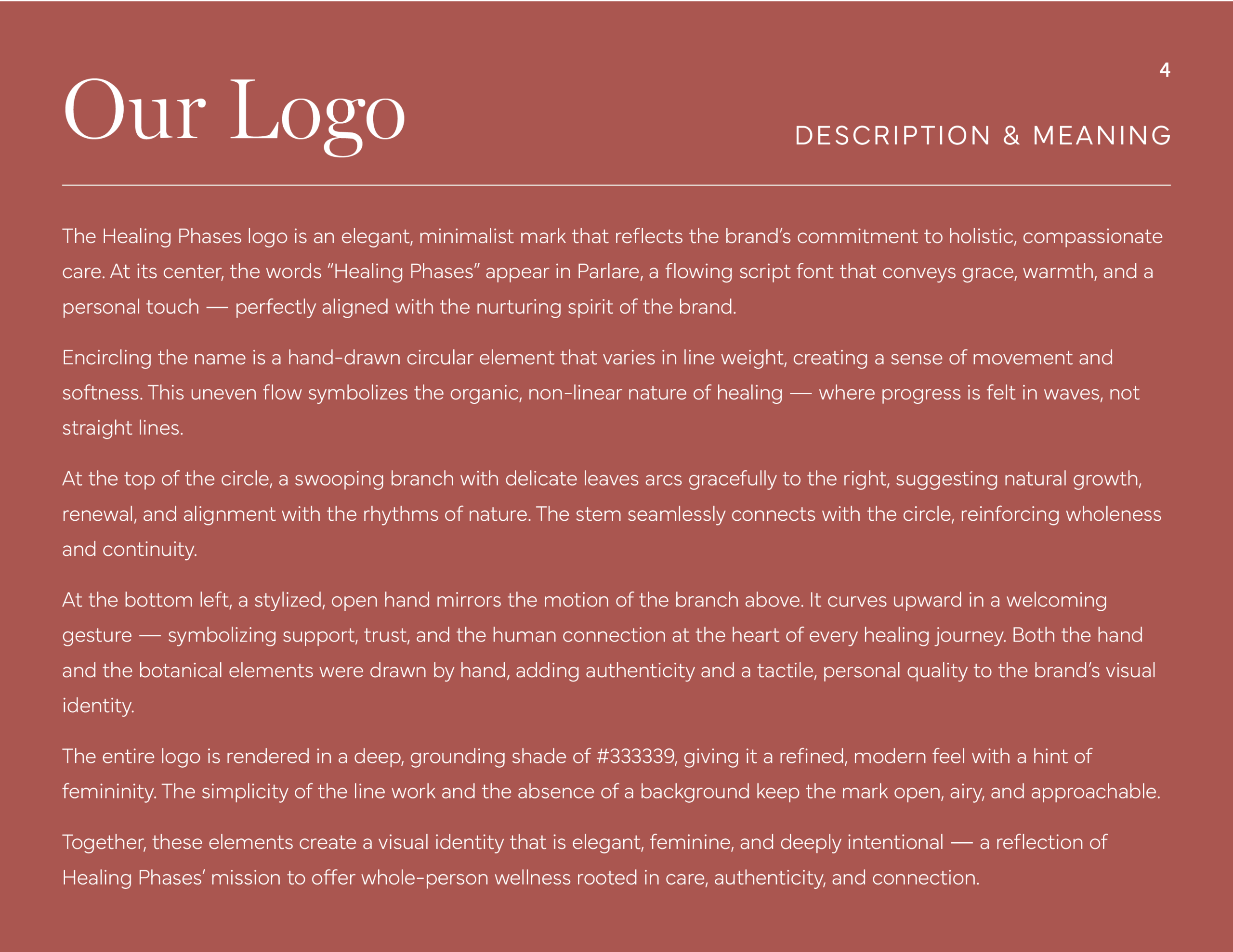 A maroon presentation slide titled Our Logo explains the Healing Phases logo’s description and meaning, detailing its circular design, colors, hand-drawn elements, and the healing phases represented by its symbolism in white text.