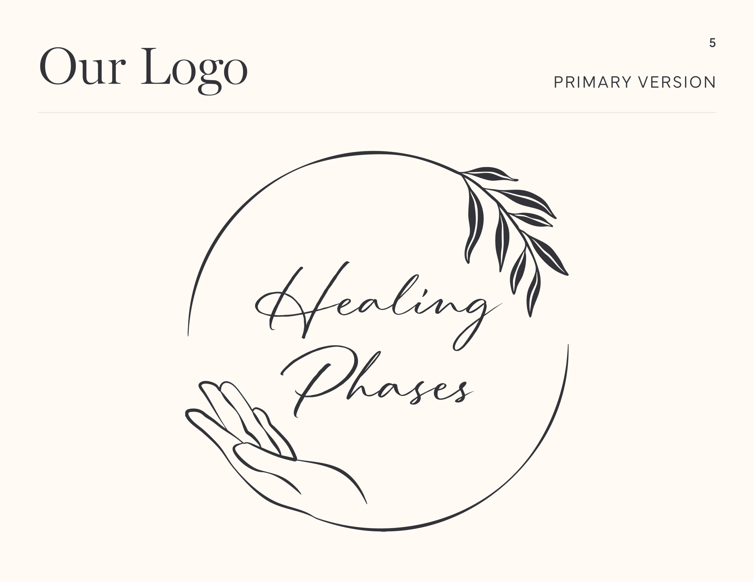 Hand-drawn logo featuring a circle, leafy branch, and an open hand under the cursive text "Healing Phases" on a light background. "Healing Phases Logo" and Primary Version are noted at the top.