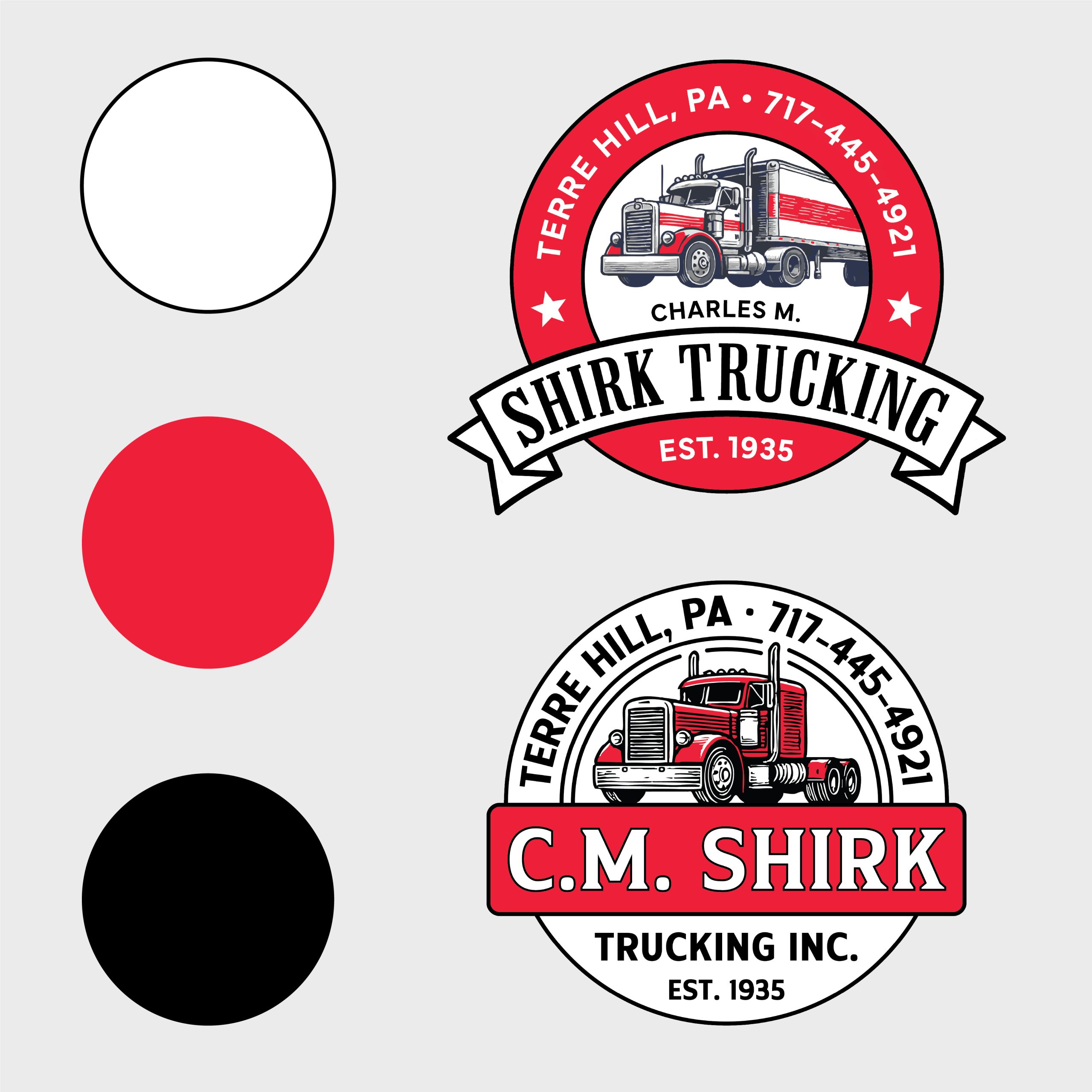 Two circular shirk trucking logos in black, white, and red feature a vintage red semi-truck illustration, EST. 1935, and contact details. Three matching color swatches—white, red, and black—complete the shirk trucking branding.