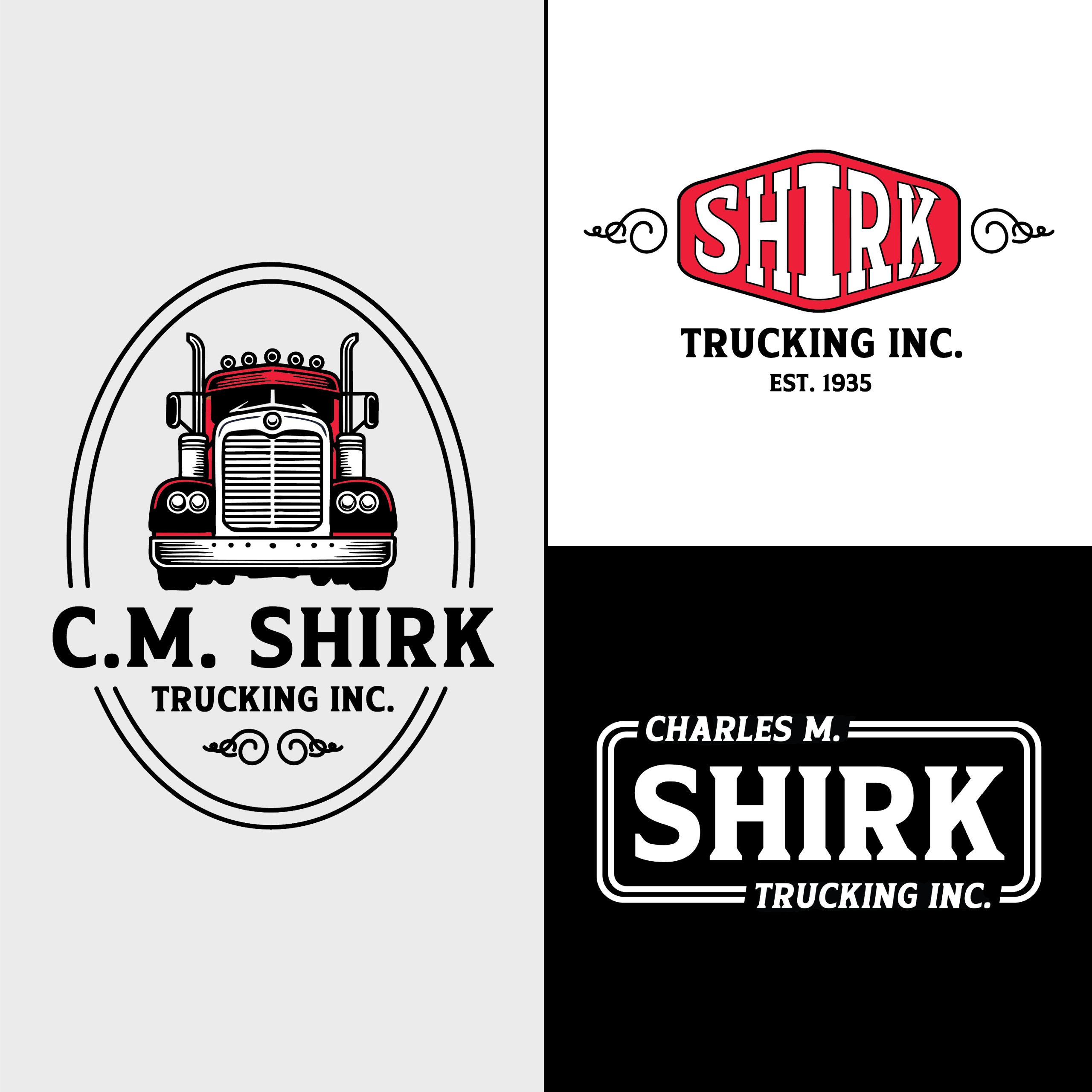 Three vintage-style logos for Shirk Trucking feature bold text and truck graphics, each with unique decorative elements and color schemes in red, black, and white.