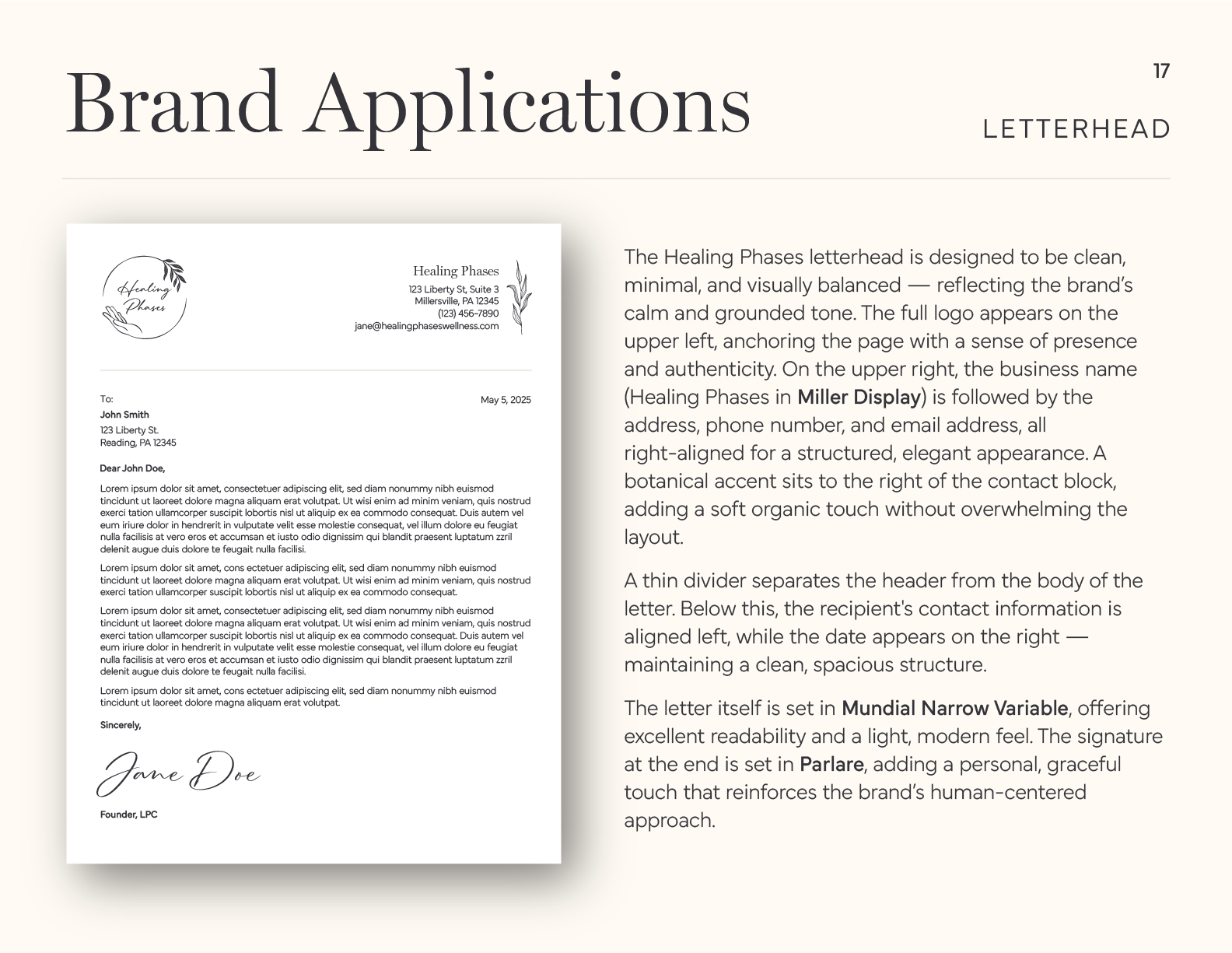 A sample letterhead design on a white page with a floral logo, sender’s name and address, and sample text. The clean, minimal look with balanced layout and soft accent in Mulish font evokes calmness, perfect for businesses embracing healing phases.