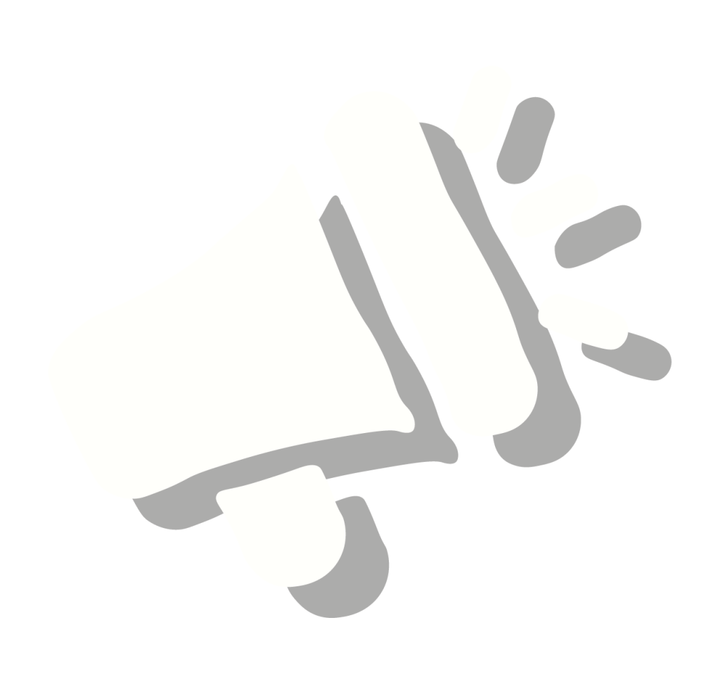 A simple, stylized icon of a megaphone in white with gray shadows on a light gray background, symbolizing the announcement of important updates or healing phases.