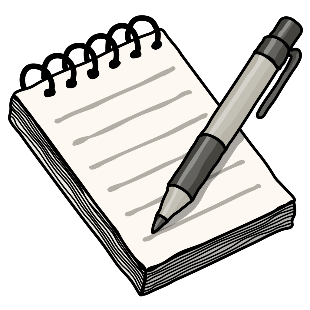 A black spiral-bound notepad with horizontal lines on its pages, shown with a black and gray pen resting diagonally across the notepad—perfect for jotting down notes or drafting your next About Us page.