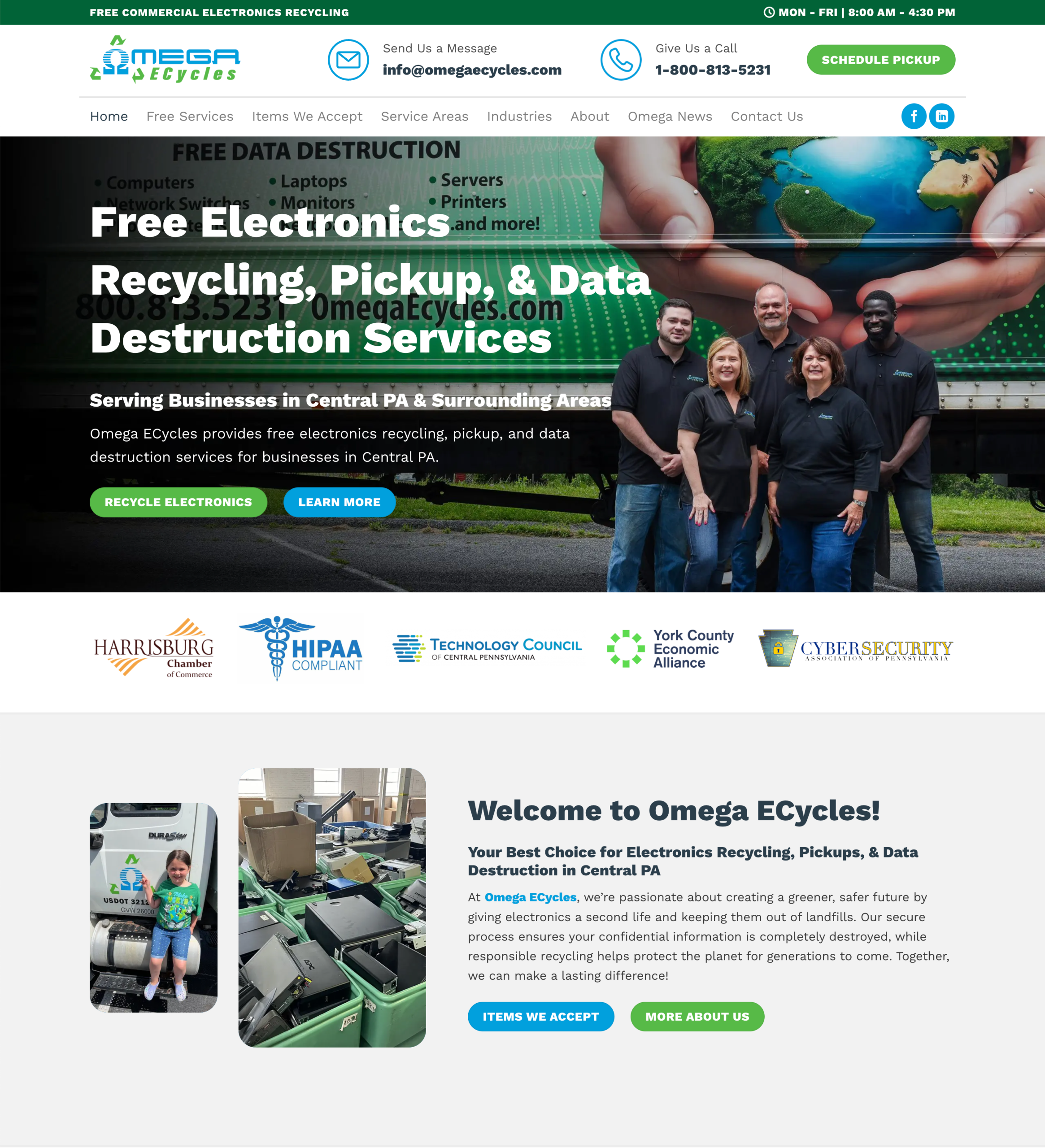 Screenshot of the Omega ECycles homepage shows staff posing by a truck, highlighting Omega ECycles’ free electronics recycling, pickup, and data destruction for Central PA businesses. Website menus and contact info are also visible.