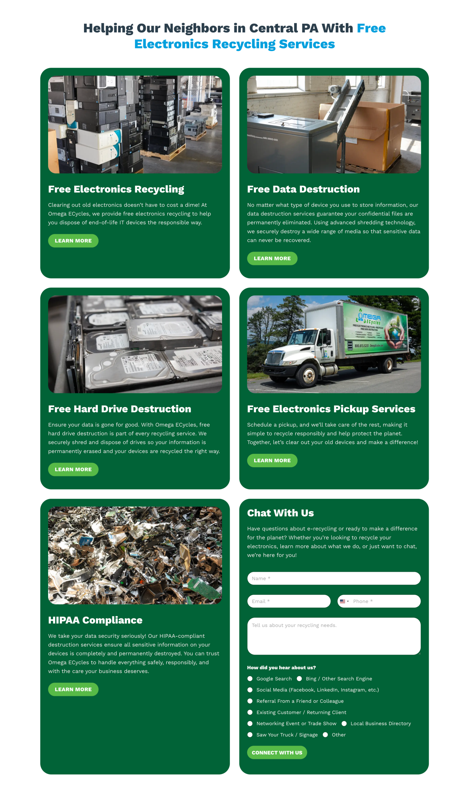 A webpage by Omega Ecycles promoting free electronics recycling services in Central PA, featuring sections for recycling, data and hard drive destruction, pickup services, HIPAA compliance, and a contact form—all with related images.