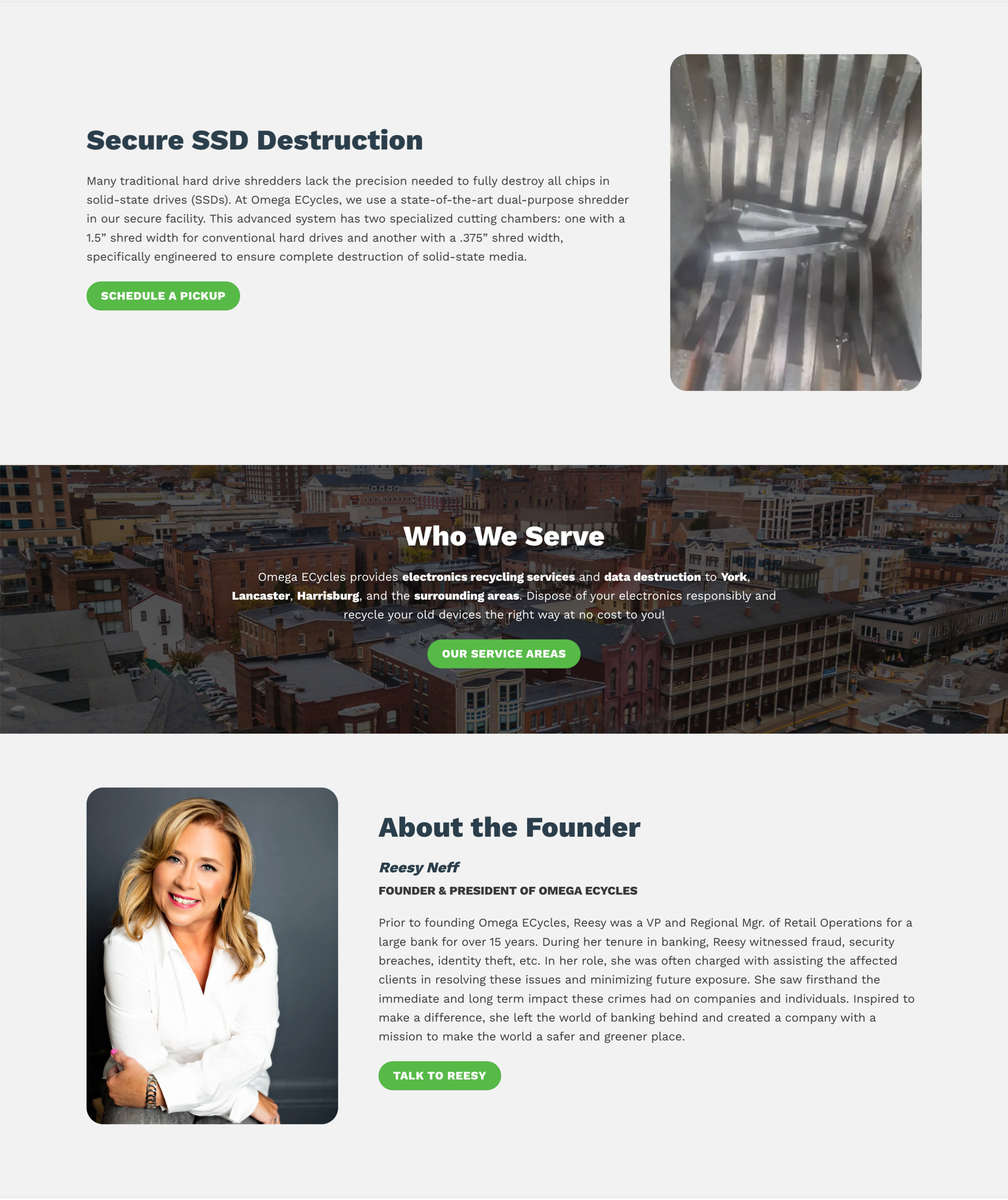 A webpage highlights Omega eCycles’ secure SSD destruction services, whom they serve, and company founder. Sections feature a metal shredder, service info, and a smiling woman in a white blazer with text about her background.
