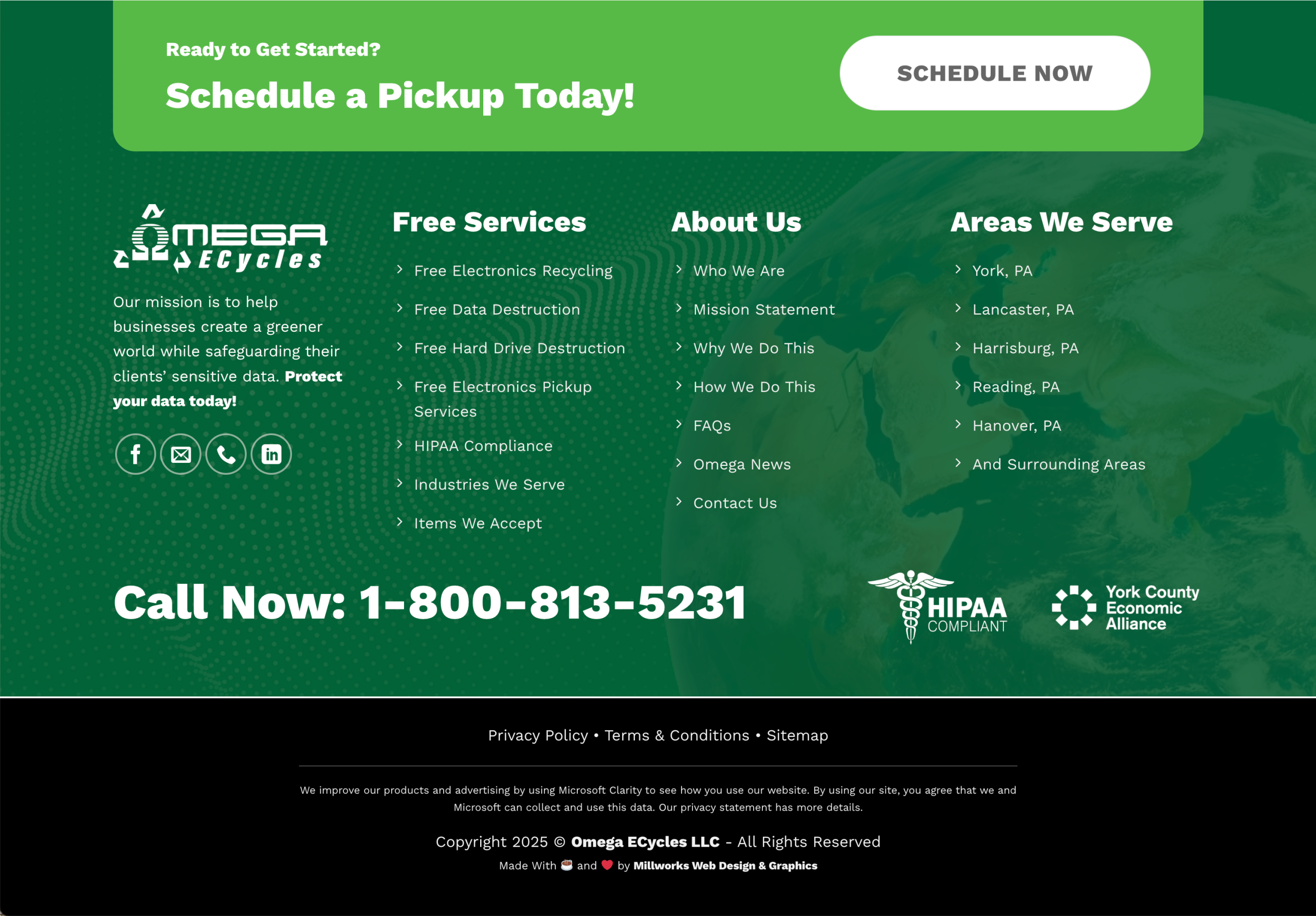 A website footer for Omega Ecycles displays business info, free service offerings, contact number, and areas served. A green background features the Omega Ecycles logo, world map, and a bold “Schedule a Pickup Today!” call to action.
